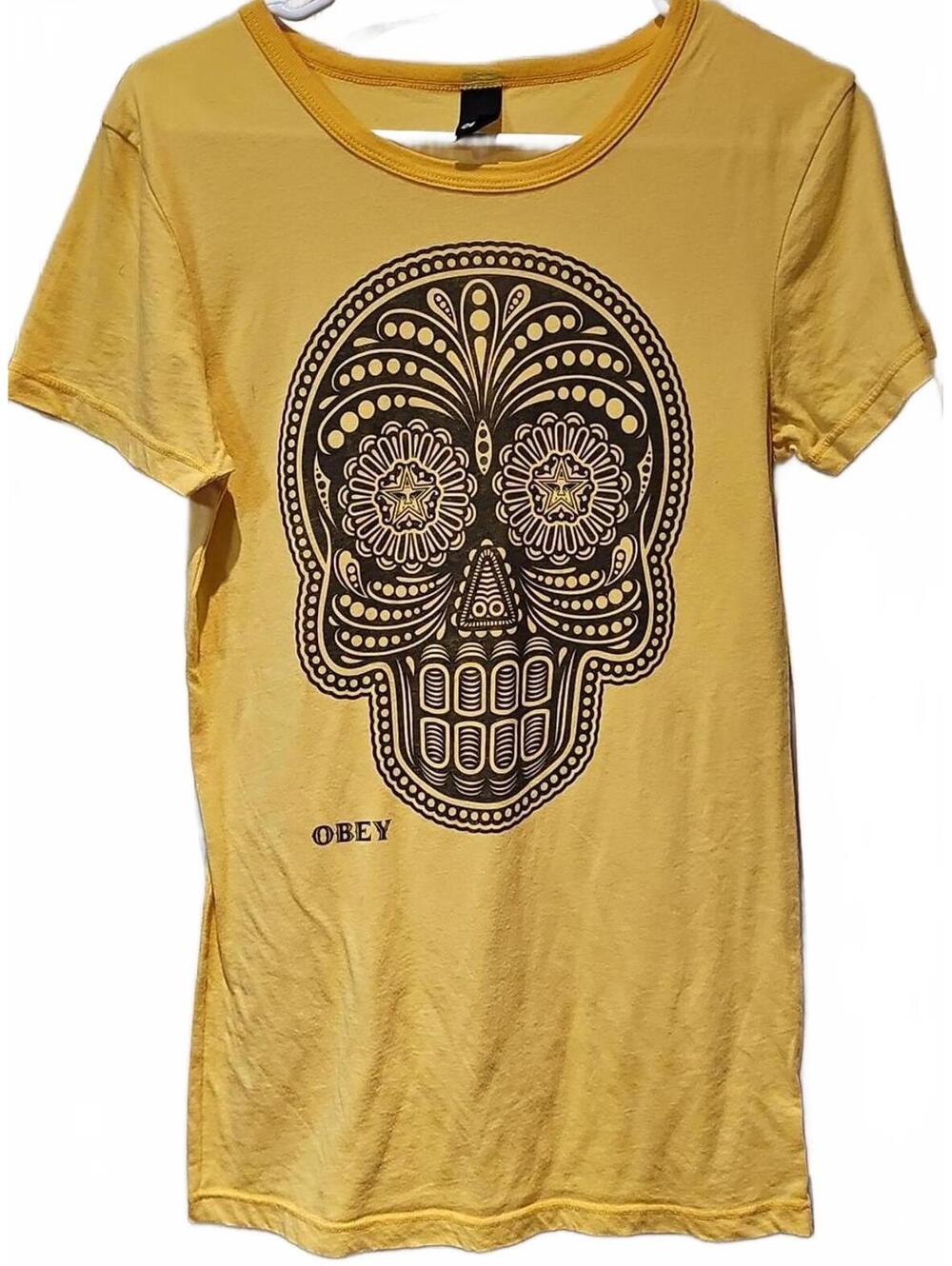 Obey Shirt Mens Medium Yellow Sugar Skull Graphic Tee T-Shirt Streetwear Urban